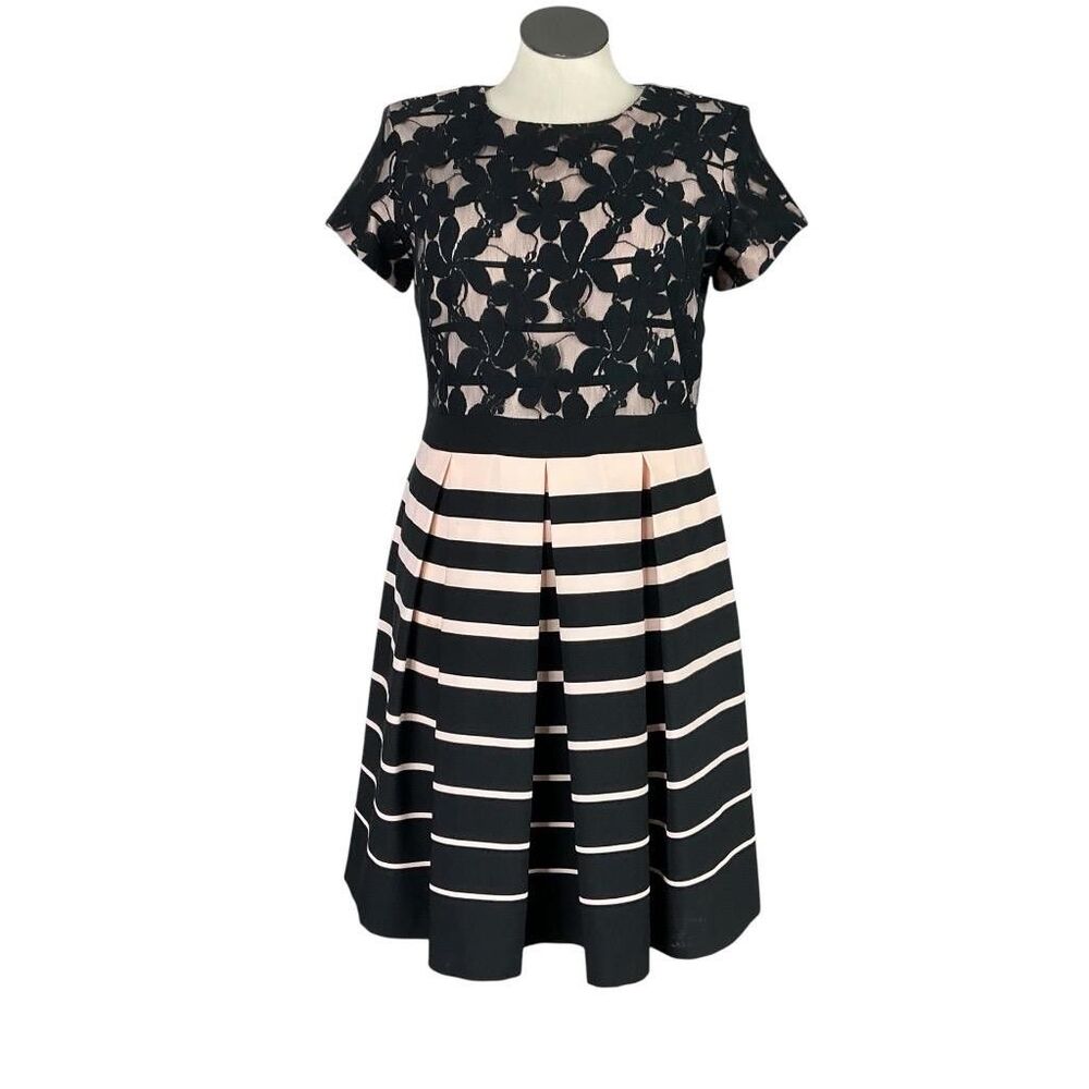 Danny & Nicole Fit Flare Dress Womens 16 Black Pink Lace Stripes Short Sleeeve - Picture 2 of 10